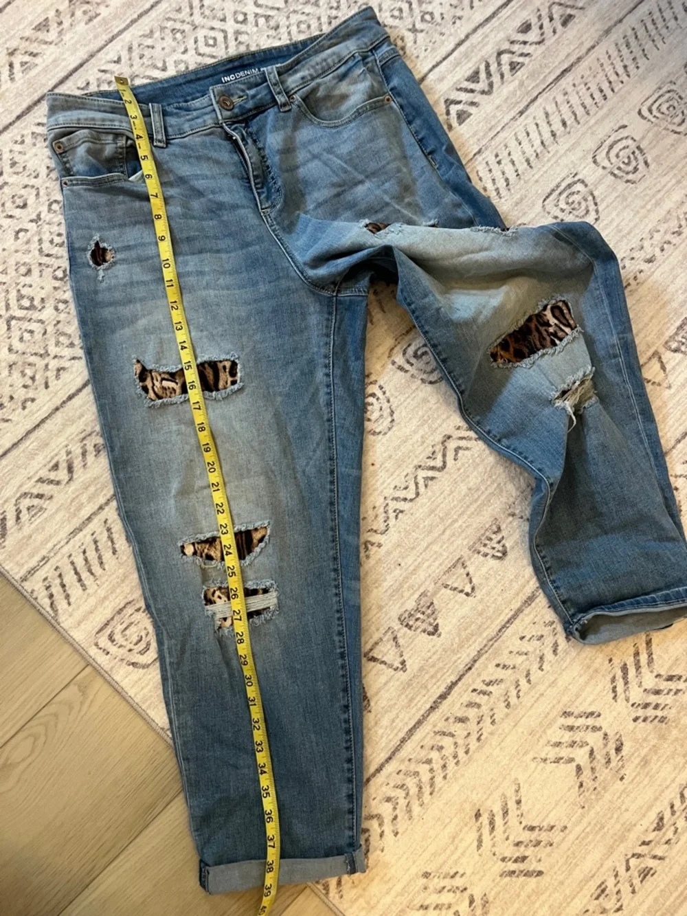 Light Blue Distressed Women's Jeans with Leopard Patch Detail - Picture 6 of 9